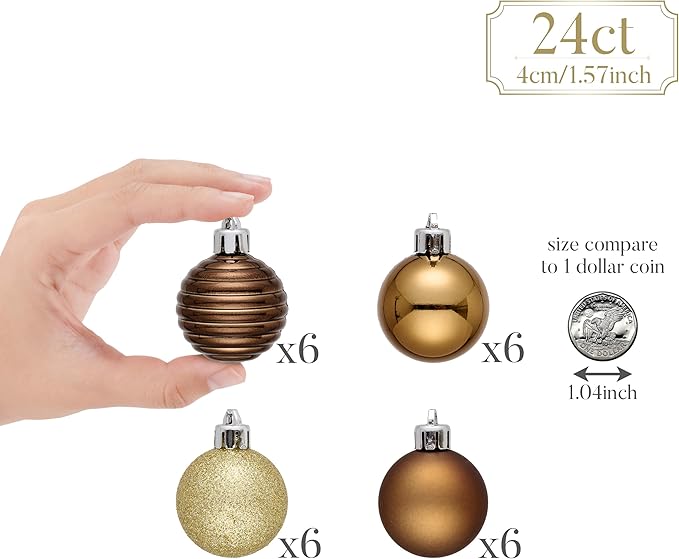Valery Madelyn 1.57 Inches Small Christmas Tree Decorations Ornament Set for Fall Halloween, 24ct Bronze Copper Gold Shatterproof Hanging Ball Ornaments Holiday Party Decor