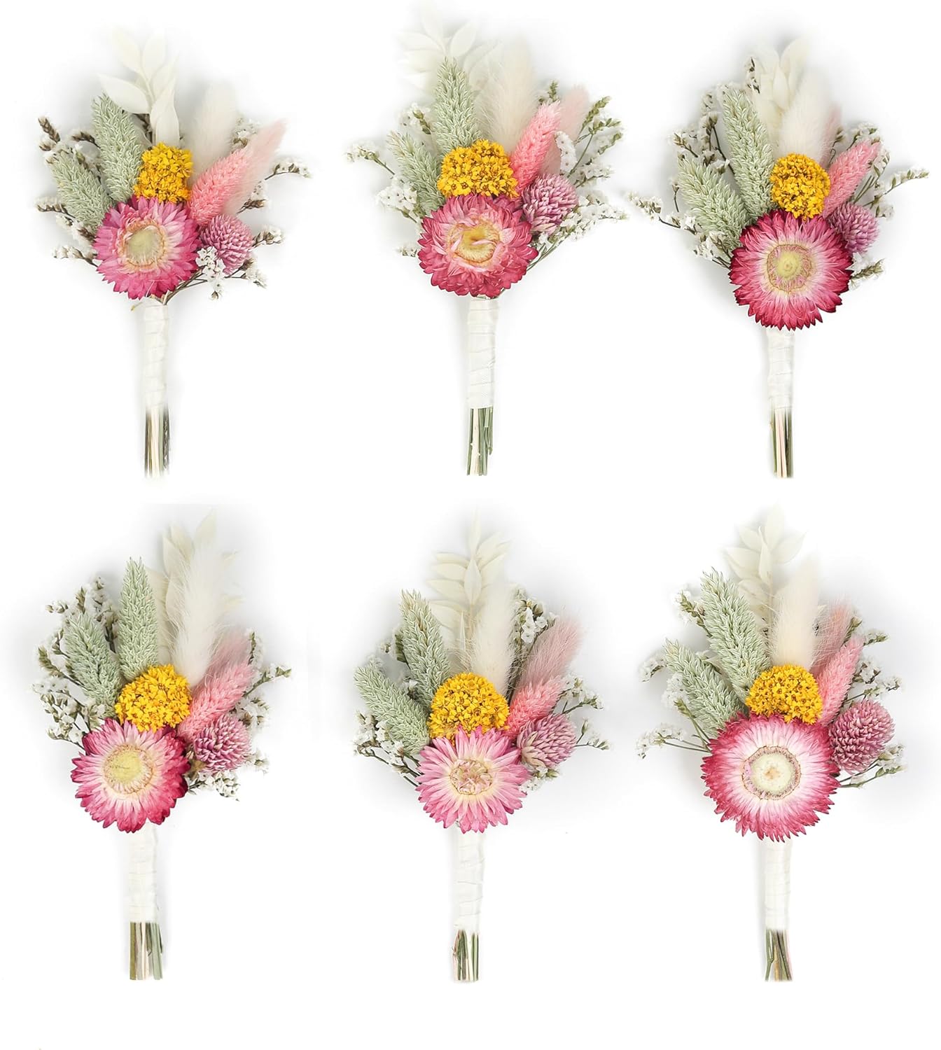 Mini Dried Flower Bouquet (Set of 6) for Handmade Craft Decorations and Boutonnieres for Groomsmen and Groomsmen. (Burgundy)