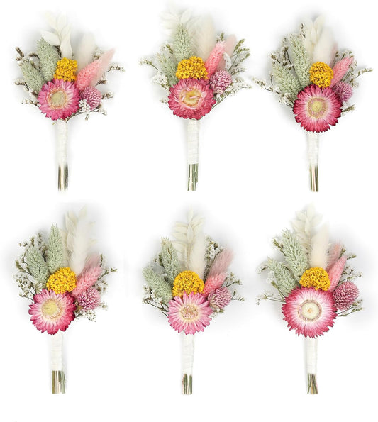 Mini Dried Flower Bouquet (Set of 6) for Handmade Craft Decorations and Boutonnieres for Groomsmen and Groomsmen. (Burgundy)