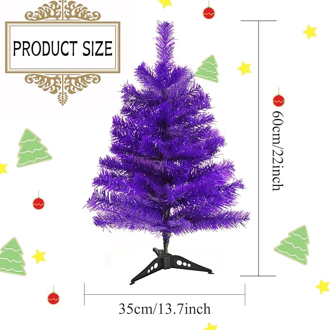2FT Artificial Christmas Tree Purple Tabletop Christmas Tree with Plastic Stand Mini Xmas Pine Tree for Party Supplies Indoor Outdoor Holiday Home Decoration(Purple)
