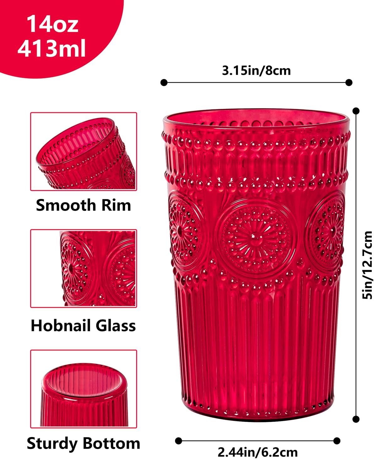 Ciaell 12 Pack Romantic Plastic Water Glasses - 14 Oz Red Vintage Drinking Glasses, Embossed Ribbed Plastic Cups, Textured Striped Set for Juice, Beverages, Beer, Cocktail, Christmas