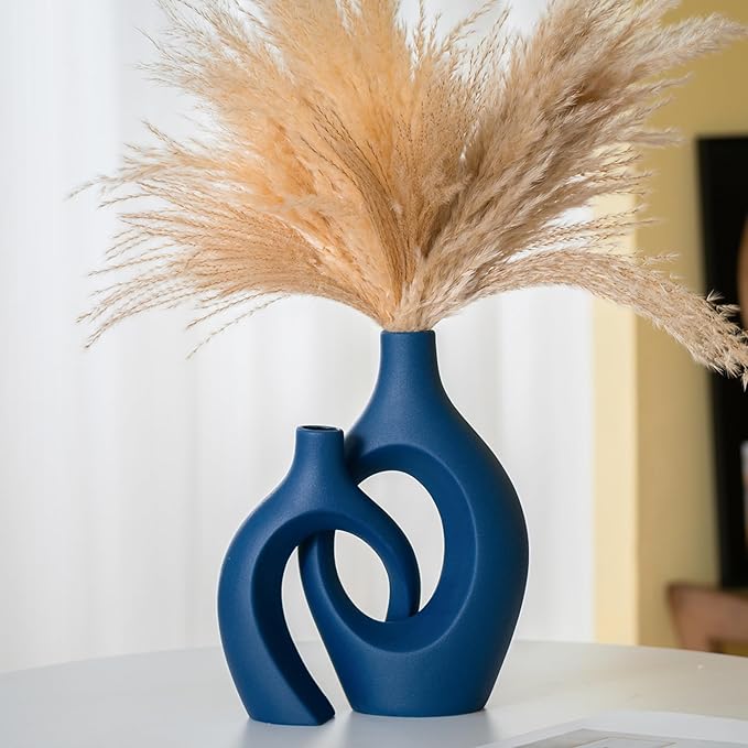 Snuggle Hollow Ceramic Vase Set of 2, 11Inch Nordic Modern Boho ins Style Decorative Ceramic Aesthetic Flower Vases for Home Decor Living Room Shelf Table Decorative (Matte Navy Blue)