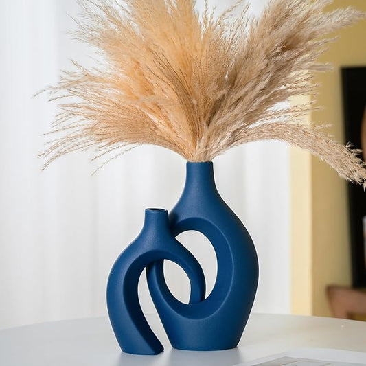 Snuggle Hollow Ceramic Vase Set of 2, 11Inch Nordic Modern Boho ins Style Decorative Ceramic Aesthetic Flower Vases for Home Decor Living Room Shelf Table Decorative (Matte Navy Blue)