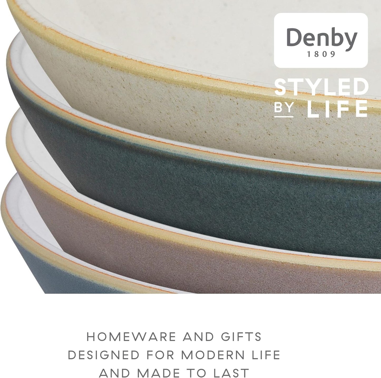 Denby - Impression Mixed Color Medium Plates Set of 4-8.25" Dishwasher Microwave Safe Crockery - Ceramic Stoneware Tableware Plates For Lunch & Salad - Pink, Cream, Blue & Black