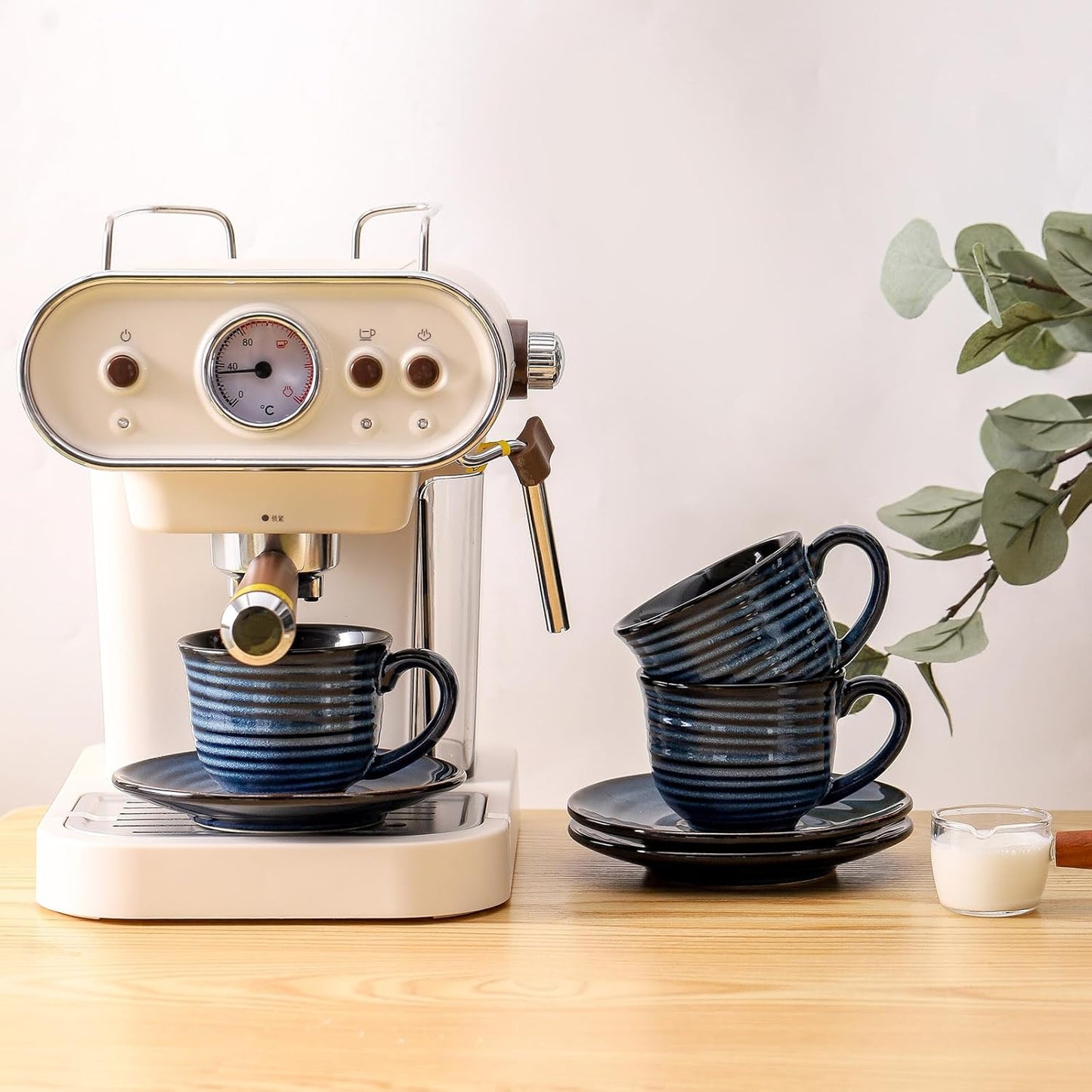 Hasense Ceramic Cappuccino Cups and Saucers Set of 4, 8 oz Tea Coffee Cups Set for Home and Office, Espresso Mugs for Coffee, Cappuccino, Latte, Americano, Milk and Tea - Navy Blue