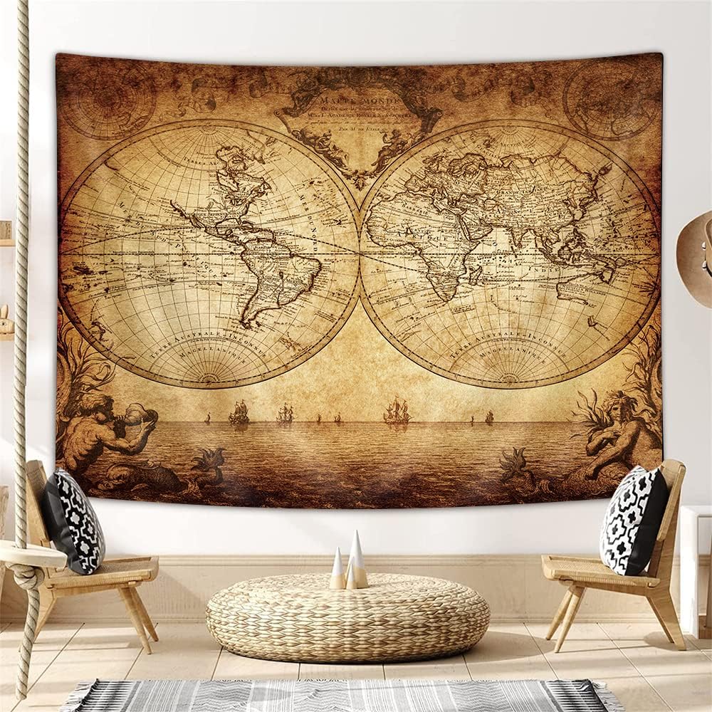 JAWO Old World Map Tapestry, Vintage Wanderlust Pirate Map Tapestry Wall Hanging For Bedroom, Historical Atlas Tapestries Poster Beach Blanket College Dorm Home Decor (60W X 40H)