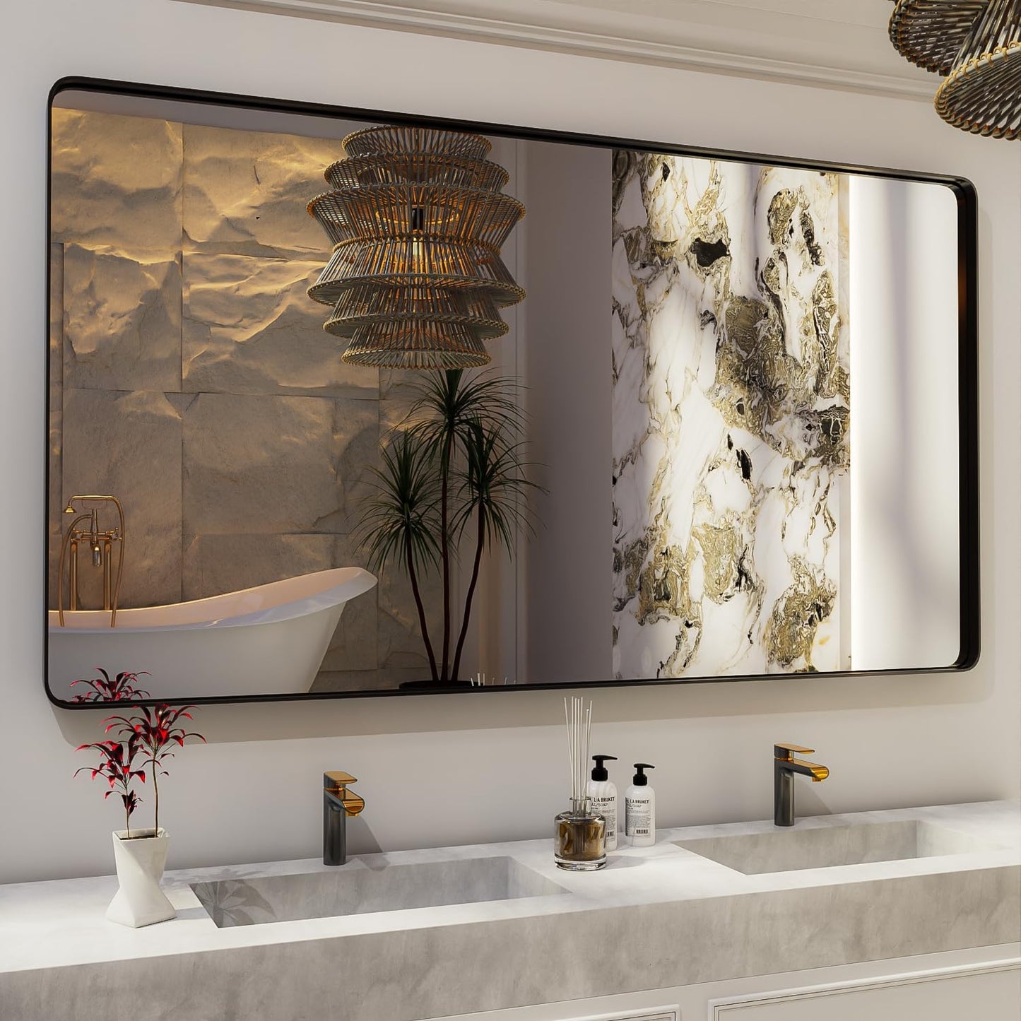 ISKM Black Framed Mirror for Wall 72"x 40", Large Bathroom Mirror Anti-Rust, Tempered Glass, Rounded Rectangle Mirror(Horizontal/Vertical)