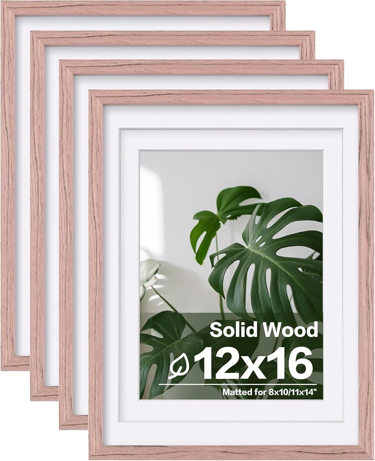 Egofine 12x16 Picture Frames Set of 4, Made of Solid Wood Covered by Plexiglass 9x12 and 11x14 with Mat or 12x16 without Mat, for Wall Mounting Photo Frame Peach Pink