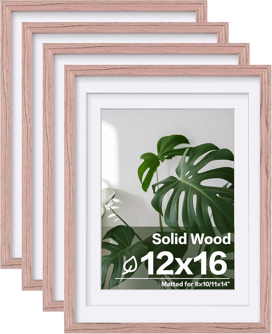 Egofine 12x16 Picture Frames Set of 4, Made of Solid Wood Covered by Plexiglass 9x12 and 11x14 with Mat or 12x16 without Mat, for Wall Mounting Photo Frame Peach Pink
