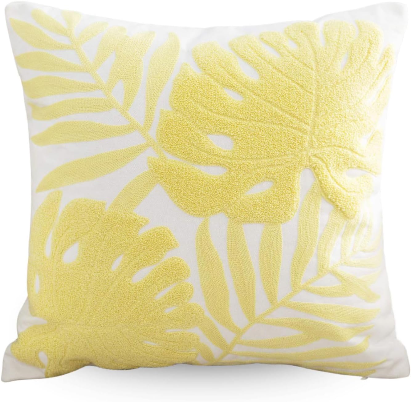 Embroidery Throw Pillow Covers 18x18 Floor Pillow Cover for Couch Bed Room Chair 100% Cotton Loop Embroidered Light Yellow Tropical Leaves Cushion Cover Square Pillow Case 45x45cm, 1 Piece