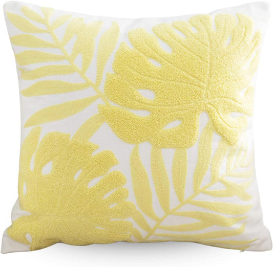 Embroidery Throw Pillow Covers 18x18 Floor Pillow Cover for Couch Bed Room Chair 100% Cotton Loop Embroidered Light Yellow Tropical Leaves Cushion Cover Square Pillow Case 45x45cm, 1 Piece