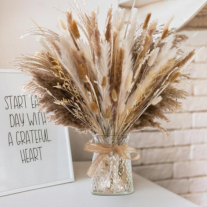 106pcs Natural Dried Pampas Grass Decor with Vase Artificial Flowers in Vase Boho Home Decor Bouquet Bunny Tails Dried Flowers, Reed Grass Bouquet for Wedding Floral Arrangements (106pcs)