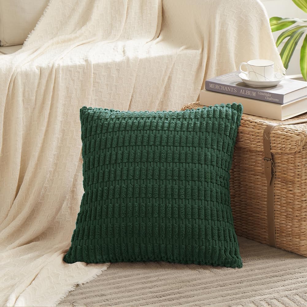 Fancy Homi Set of 4 Dark Green Boho Decorative Throw Pillow Covers 24x24 Inch for Couch Bed Sofa, Aesthetic Modern Bohemian Room Decor, Soft Fuzzy Fluffy Cozy Corduroy Textured Cushion Case 60x60cm