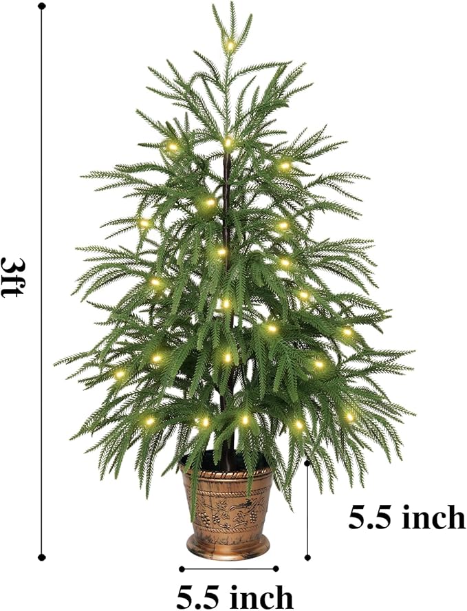 XmasExp 3ft Norfolk Pine Tree with Lights Artificial Faux Potted Christmas Tree for Front Porch Indoor Outdoor Decor