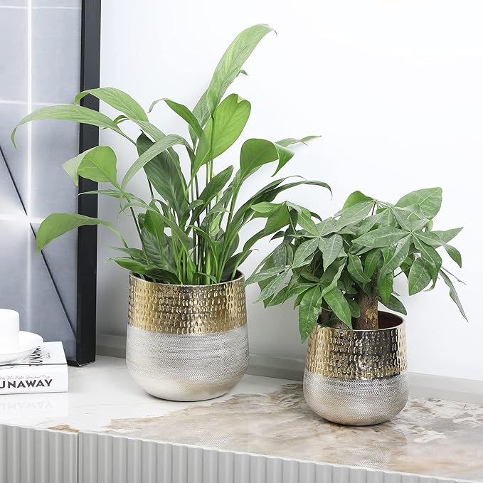 MyGift Round Two-Toned Indoor Planter Pot, Hammered Brass and Milled Embossed Silver Tone Metal Planter Vase, Set of 2 - Handcrafted in India