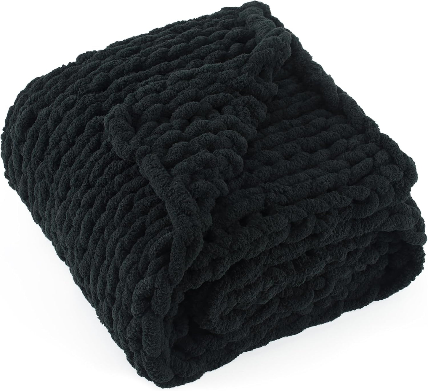 Chunky Knit Throw Blanket 60"X 80", 100% Handmade with Soft Chenille Yarn, 6.7lbs Thick Cable Knitted Blankets, Large Rope Knot Crochet Throws for Couch Sofa Bed Home Decor, Black