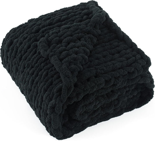 Chunky Knit Throw Blanket 60"X 80", 100% Handmade with Soft Chenille Yarn, 6.7lbs Thick Cable Knitted Blankets, Large Rope Knot Crochet Throws for Couch Sofa Bed Home Decor, Black