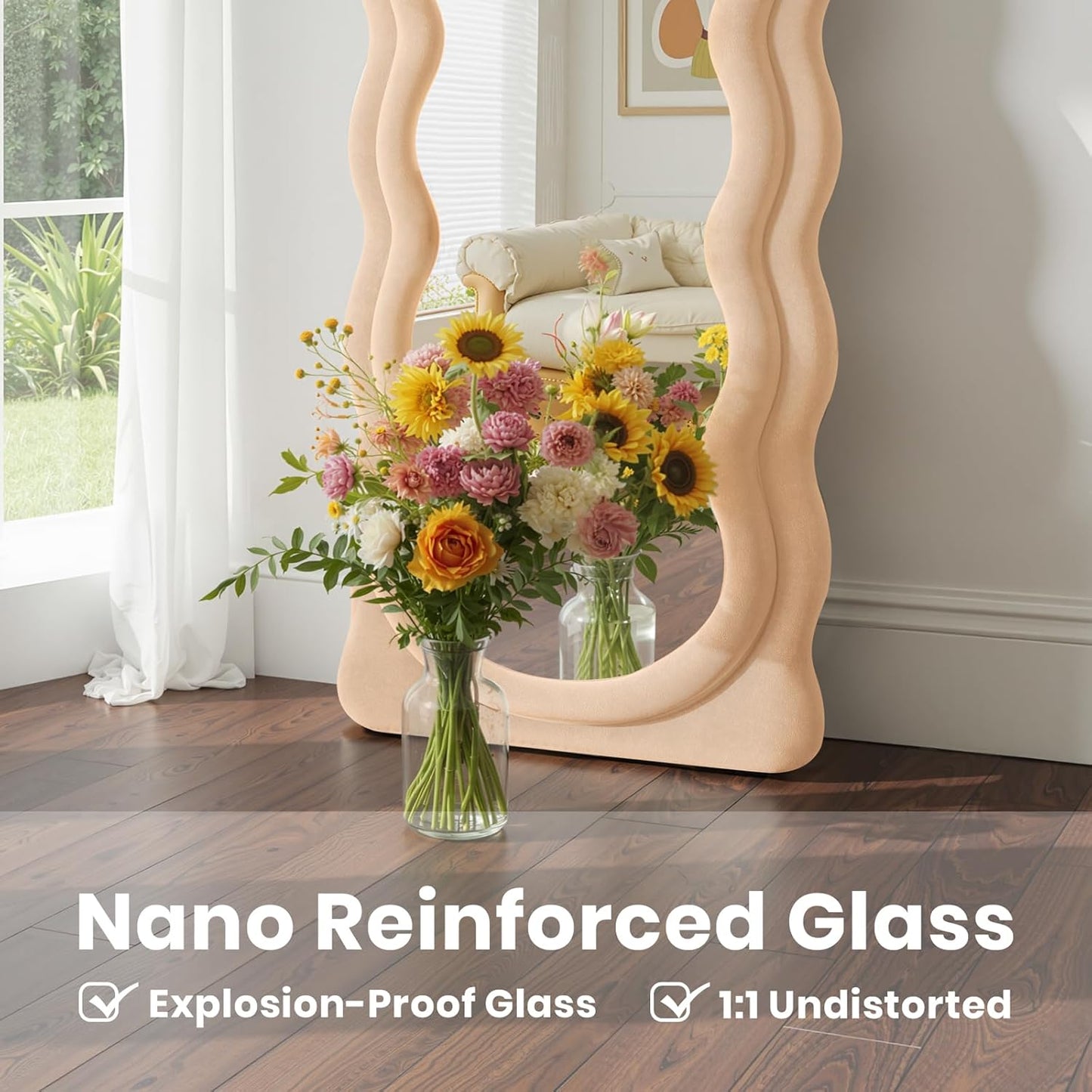 Full Length Mirror 71"x30" Irregular Wavy Full Body Wall Mounted Floor Mirror with Stand Milk Tea Flannel Frame Leaning Hanging Wall for Bedroom Entrance Hallway