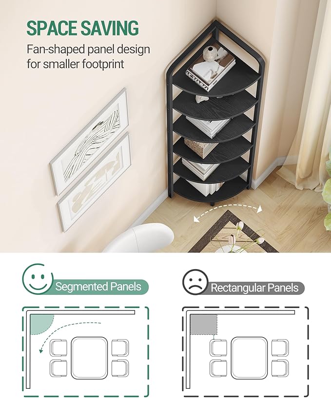 Corner Shelf Stand, Corner Bookshelf, Plant Shelf, Corner Display Rack, Standing Shelf with Metal Frame for Living Room, Bathroom, Kitchen, Industrial Style, 6 Tier Black CS06604B