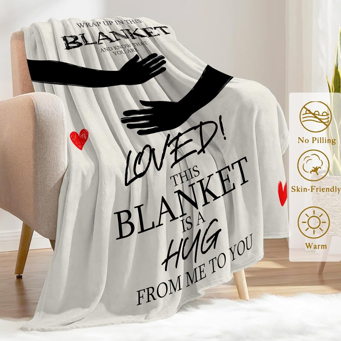 Love Hug Flannel Blanket - Lightweight Soft Cozy Unique Gifts Blankets for Loved Lovers,Kids,Adult,Women,Heart Text Printing Arm Hugs Throw,Home Room Modern Special Occasions Decor 60x80in