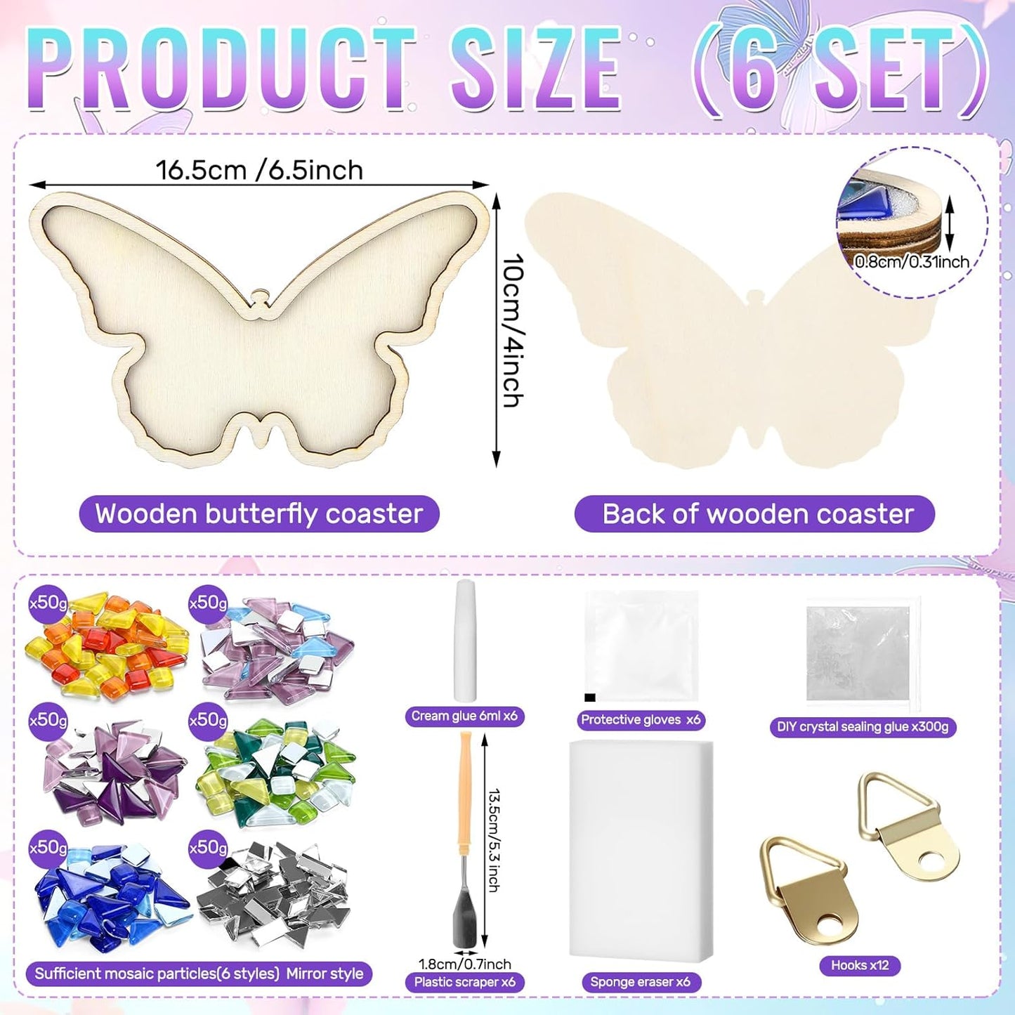 Honeydak 6 Sets DIY Glass Mosaic Tiles for Crafts with Butterfly Wooden Coasters for Adults Mixed Color Mosaic Crafts Materials Package for Coaster Stained Glass Kit for Handmade Home Decor Gifts