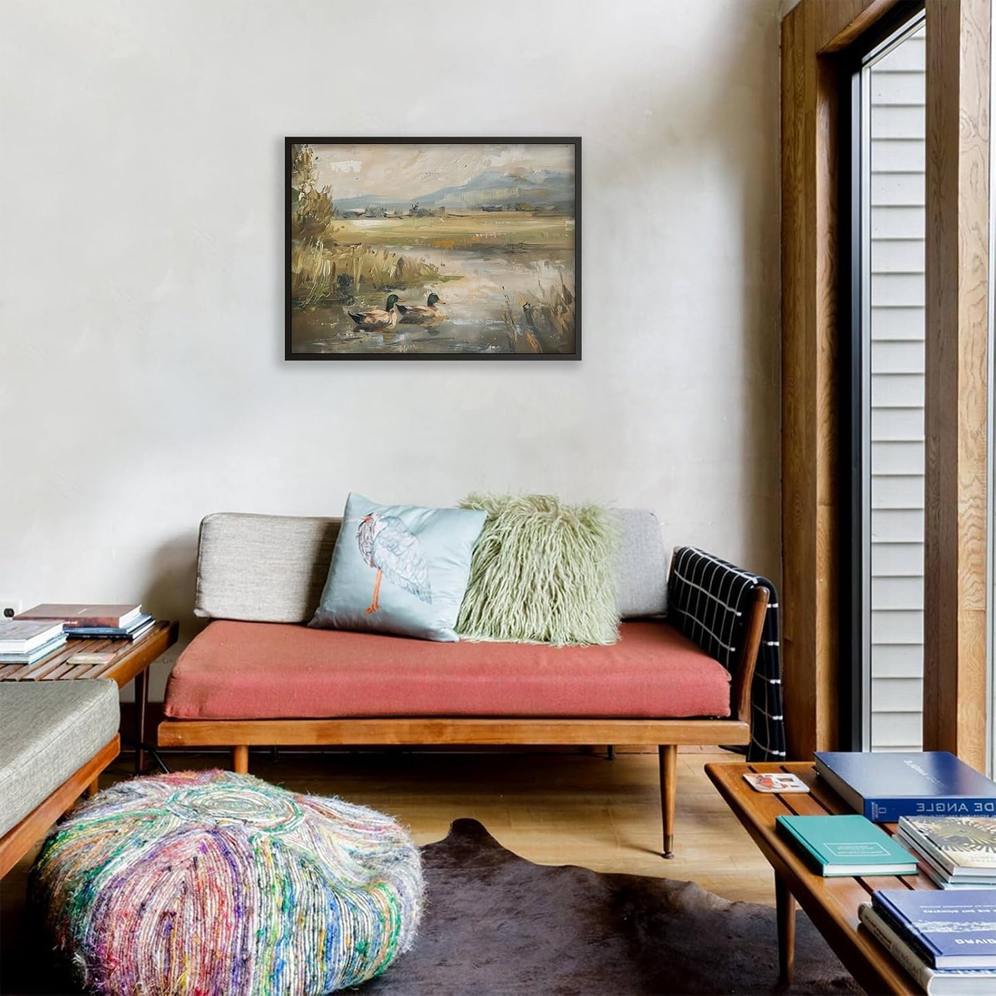 Mallard Duck Pond Poster Animal Farmhouse Canvas Wall Art Vintage Duck Painting Oil Painting 24x36 inch Black Framed Bird Hunter Gift for Rustic Cabin Nursery Wall Decor