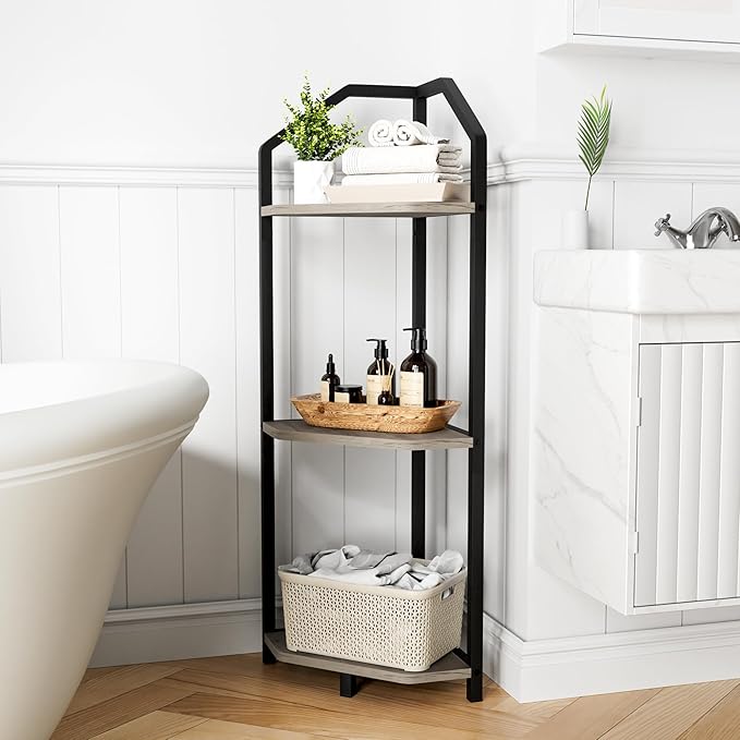 Fun Memories 3 Tier Corner Shelf, 40” Corner Shelf Stand, Corner Bookshelf Plant Stand, Storage Shelf for Bathroom, Living Room, Kitchen,Grey Home Office, Grey