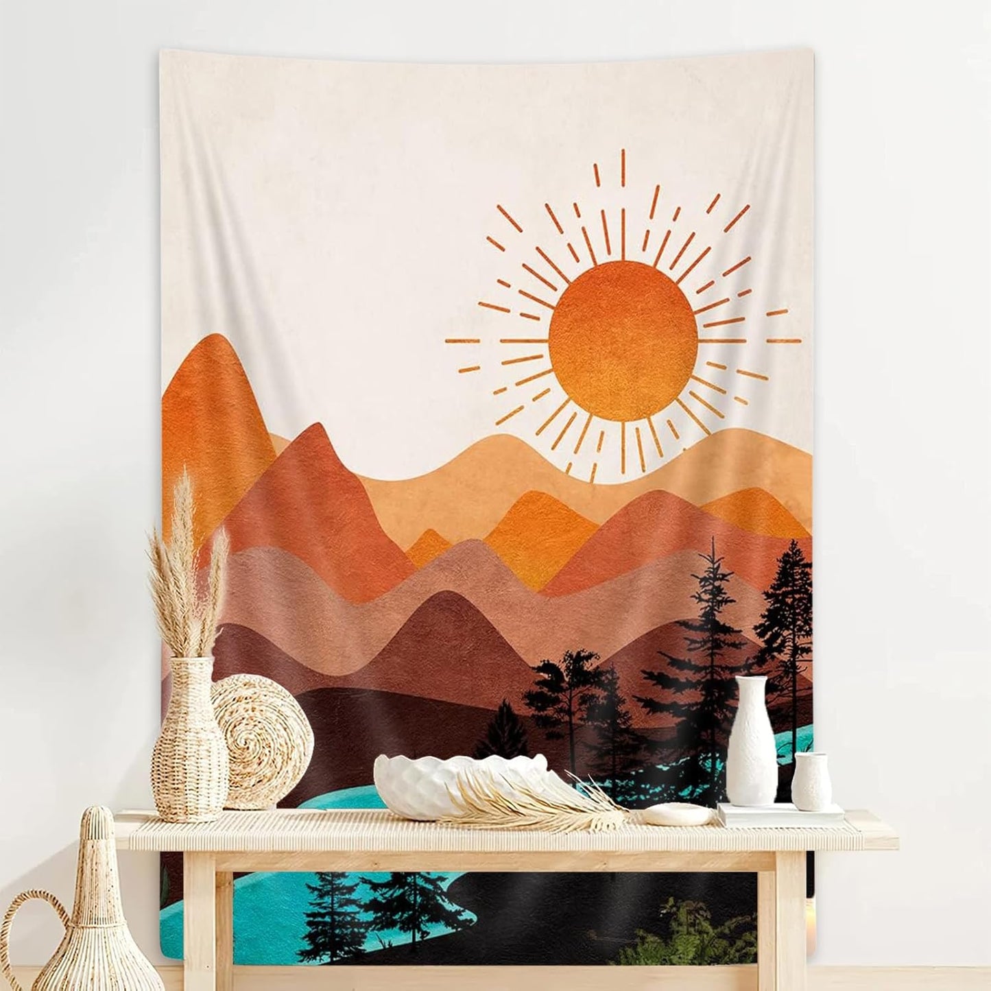 DYNH Boho Mountain Vertical Tapestry, Nature Forest Tree Lake Sun Tapestries, Bohemian Minimalist Mid Century Desert Tapestry Wall Hanging for Bedroom College Dorm Asthetic Home Decor, 40X60IN