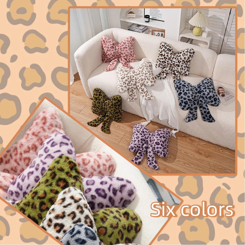 Leopard Print Bow Throw Pillows Cute Plush Pillow Stuffed Bow Backrest Cushion Home & Car Decoration