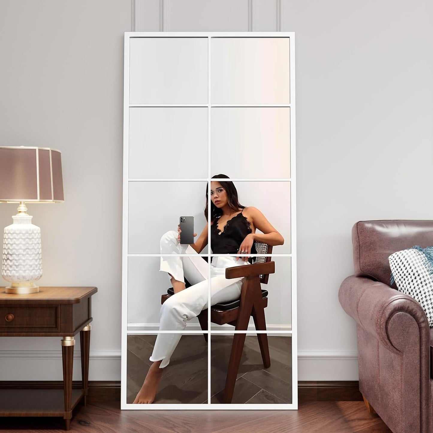 Full Length Mirror, 71"x32" Large Rectangular Window Pane Wall Mirror, White Full Body Mirrors, Oversize Farmhouse Standing Mirrors Hanging or Leaning for Living Room, Entryway, No Stand