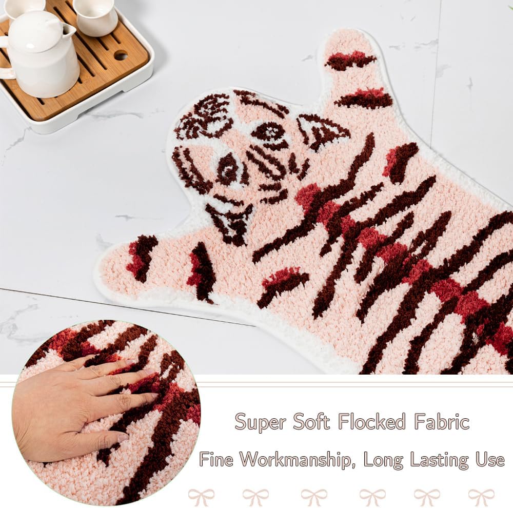 Huichenxing2021FURSTORE Funny Tiger Bath Mat - Cute Peach Pink Tiger Cartoon Bathroom Non Slip Animal Shaped Absorbent Small Bathtub Rug, Plush Shower Rug 33.1x21.7in