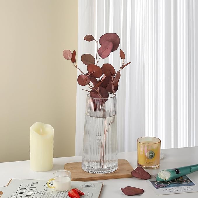 10" High Clear Glass Vase for Flower, Flower Vase for Bouquet, Ribbed Vases, Modern Glass Vase for Living Room, Bedroom, Dinning Table, Wedding, Centerpiece (Clear, 4.8"x10")