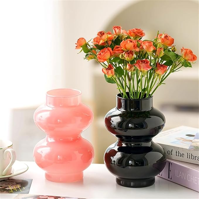 JSPYFITS Glass Hydroponic Flower Vase, Double Balls Colored Glasses Bubble Vase for Flowers, 7 Inches Glass Funky Vases for Home/Office/Weddings/Party Table Décor (Pink)