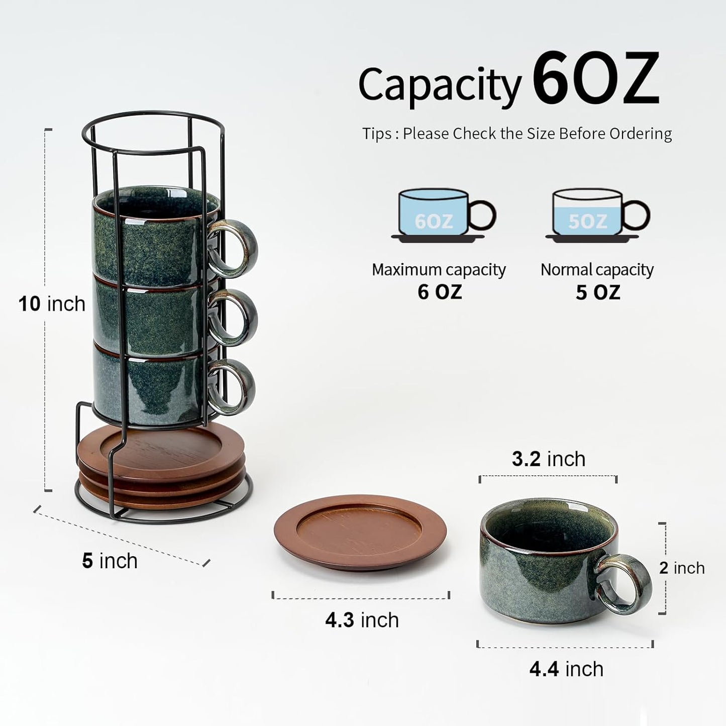 LUKA 6 Ounce Porcelain Stackable Espresso Cups with Saucers and Metal Stand Set of 4, Ceramic Cappuccino Cups Set for Specialty Coffee Drinks, Latte, Cafe Mocha and Tea, Reactive Dark Green