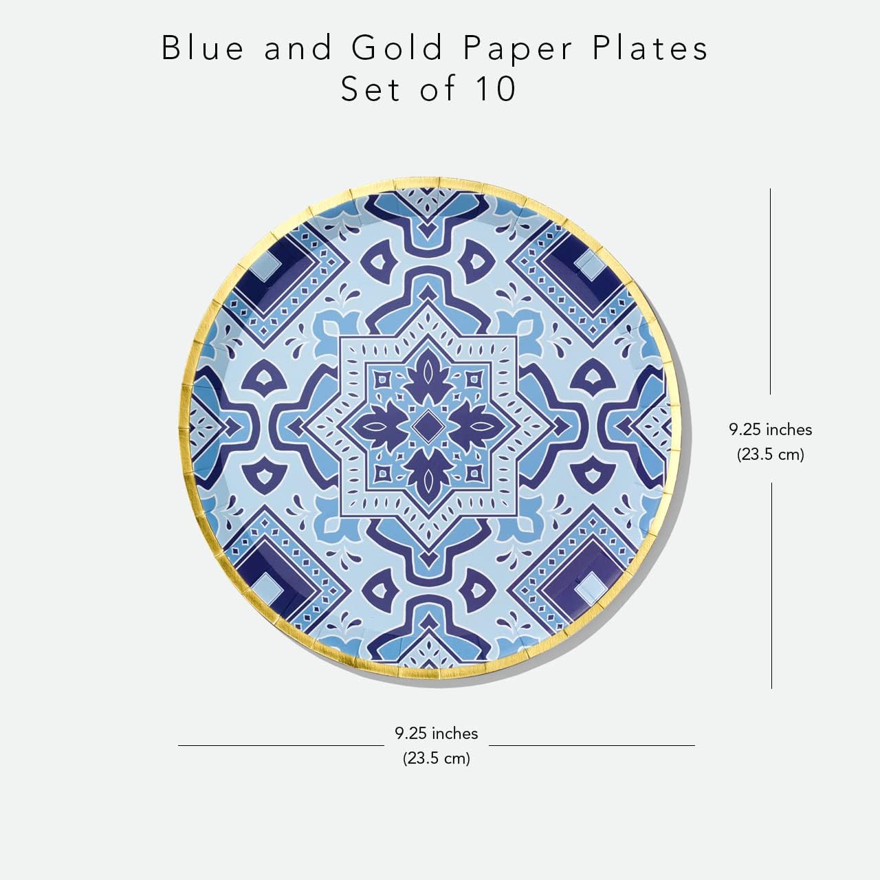 Coterie Blue and Gold Paper Plates (Set of 10 Large plates) – Moroccan Paper Plates, Navy Paper Plates, Nice Paper Plates for Wedding, Bridal Shower, Dinner Party | 9.25” Fancy Paper Plates