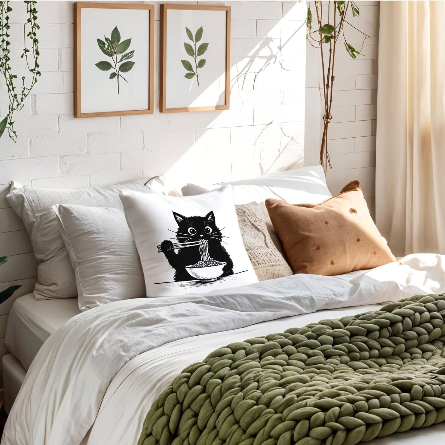 Funny Black Cat Pillow Covers 18x18, Cat Room Decor, Cute Black Kitten Eating Japanese Noodles Decorative Throw Pillow Covers Pillowcases for Bedroom Living Room Home Decor