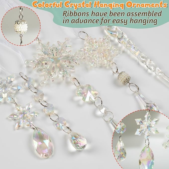 32pcs Christmas Decoration Crystal Ornaments - Iridescent Christmas Tree Ornaments Acrylic Snowflakes Drop Icicle Pendants Hanging Ornaments for Xmas Tree Winter Holiday Frozen Party Decorations