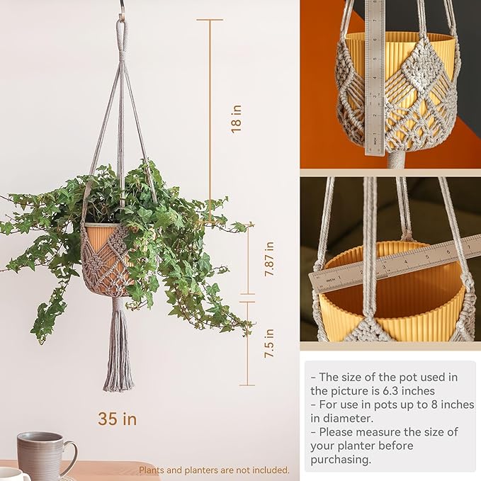 Hanging Planter with Patterns,2Packs Macrame Plant Hangers Indoor Macrame for up to 8 inch Pot Crochet Boho Plant Hanger Holder for Indoor Outdoor with 2S Shaped Stainless Steel Hooks (Gray)