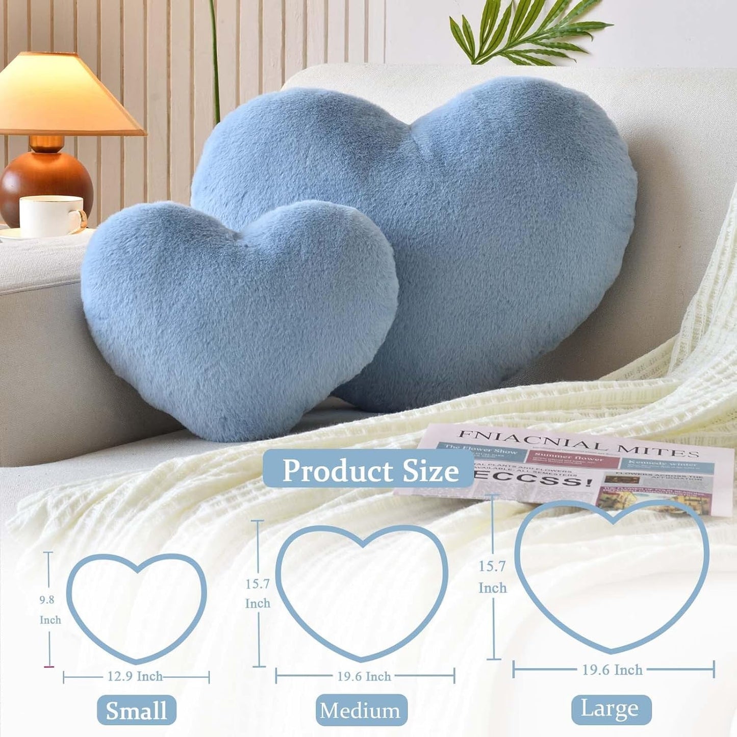 Dusty Blue Heart Pillows, Cute Heart Decorative Pillow, Heart Shaped Throw Pillows for Bed, Faux Rabbit Fur Plush Hoom Decor Pillow Cushion for Chair Sofa Living Room (Medium-15.7"x11.8")