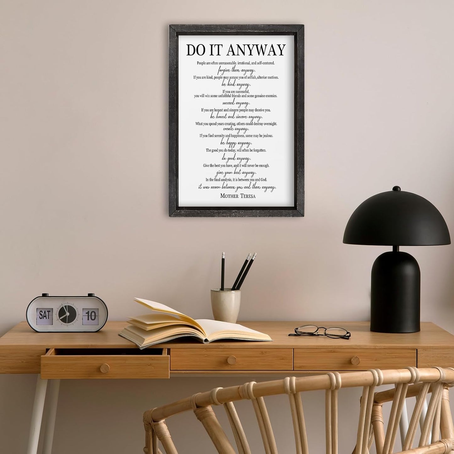 comurdyo Do It Anyway Wall Decor 16"x11" Mother Theresa Quotes Inspirational Sign Bible Verse Christian Motivational Modern Bedroom Vintage Wood Framed Farmhouse Wall Hanging Art (Black)