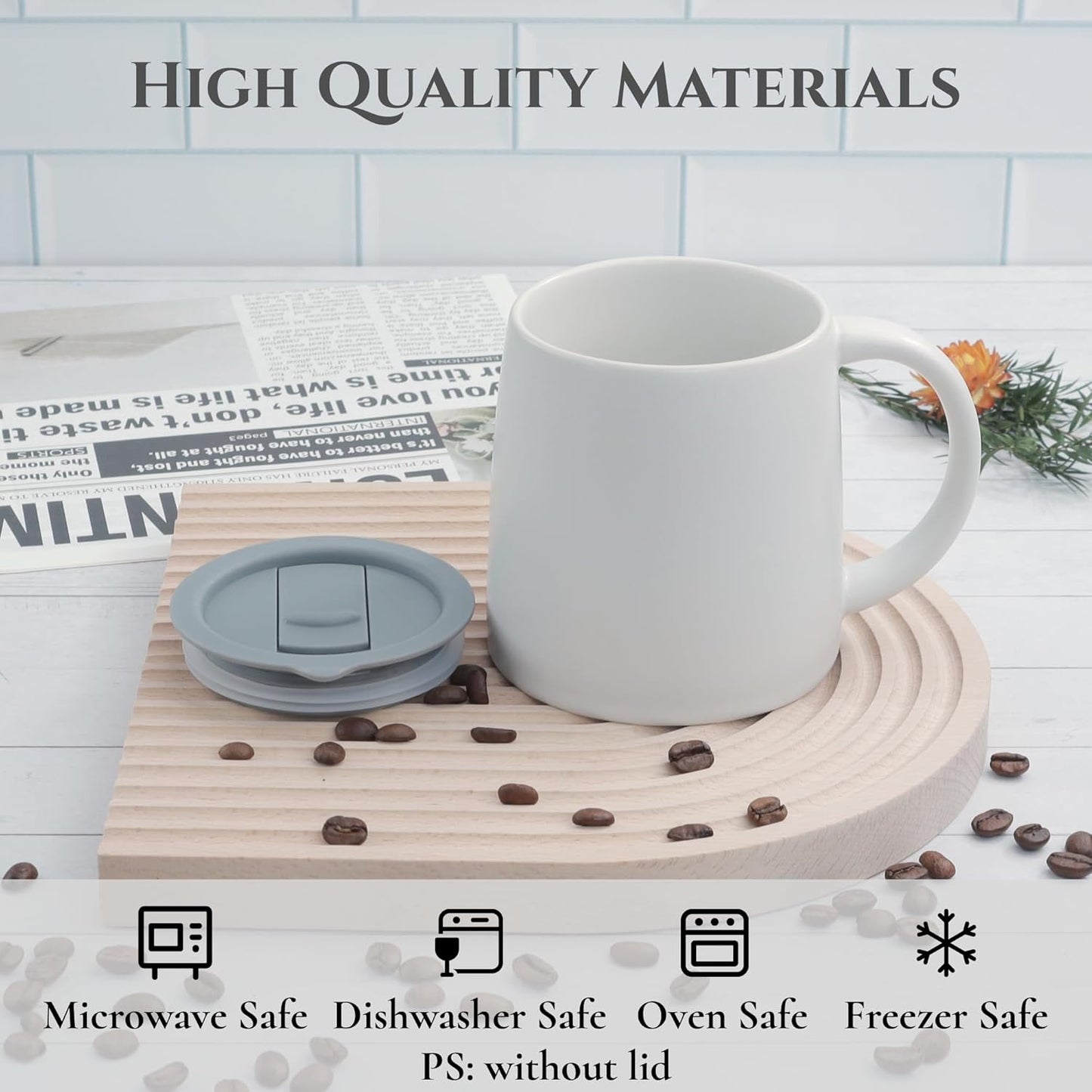 Classic Mug, 14 oz Large Coffee Mug with Handle, Ceramic Porcelain Tea Cup, Smooth Matte (Sliding Lid, White)