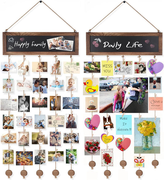 Bikoney 2-Pack Picture Frames Collage Wall Decor Photo Display Photo Board Wood Rustic Frames for Wall Decor and Party with 2 Blackboard and 60 Clips Carbonized Black