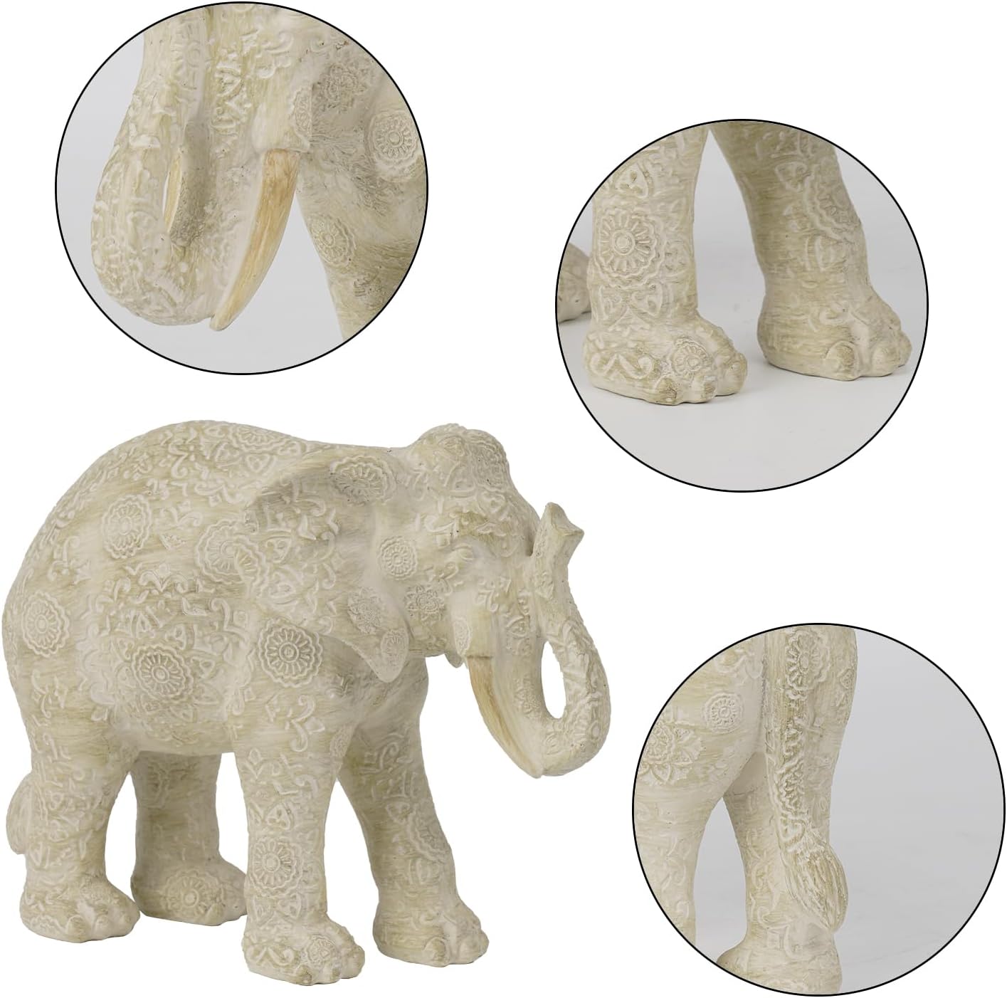 Guichifun Elephant Statues Decor Collectible Figurines - Cream Resin Boho Elephant Decoration Handmade Brings Good Luck Health for Living Room Shelf Office Gifts for Women 7.25 x 3.25 x 5.75 Inch
