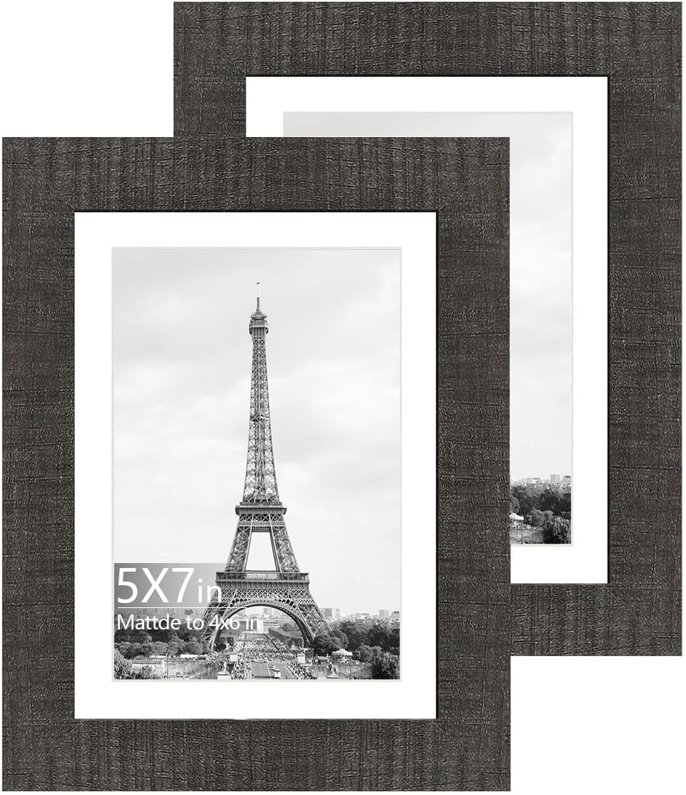 iRahmen 5x7 Picture Frame Set of 2 with HD Glass, Display Picture 4x6 with Mat or 5x7 Without Mat, Rustic Wood Photo Frames for Wall Mount or Tabletop Display