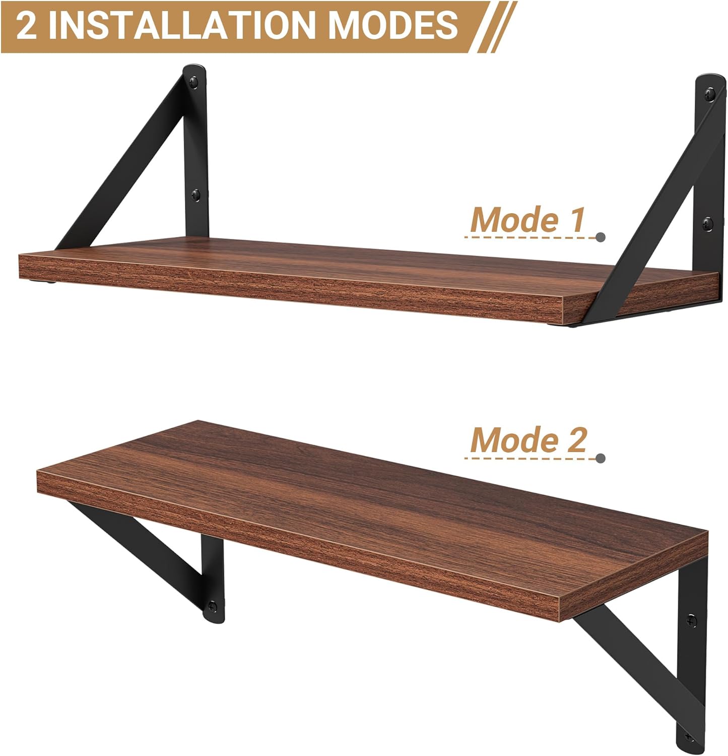 Heimlove Floating Shelves for Wall, 16 Inch Long Wood Floating Shelves Set of 3, Wall Mounted Hanging Shelf for Bathroom Bedroom Kitchen, Walnut