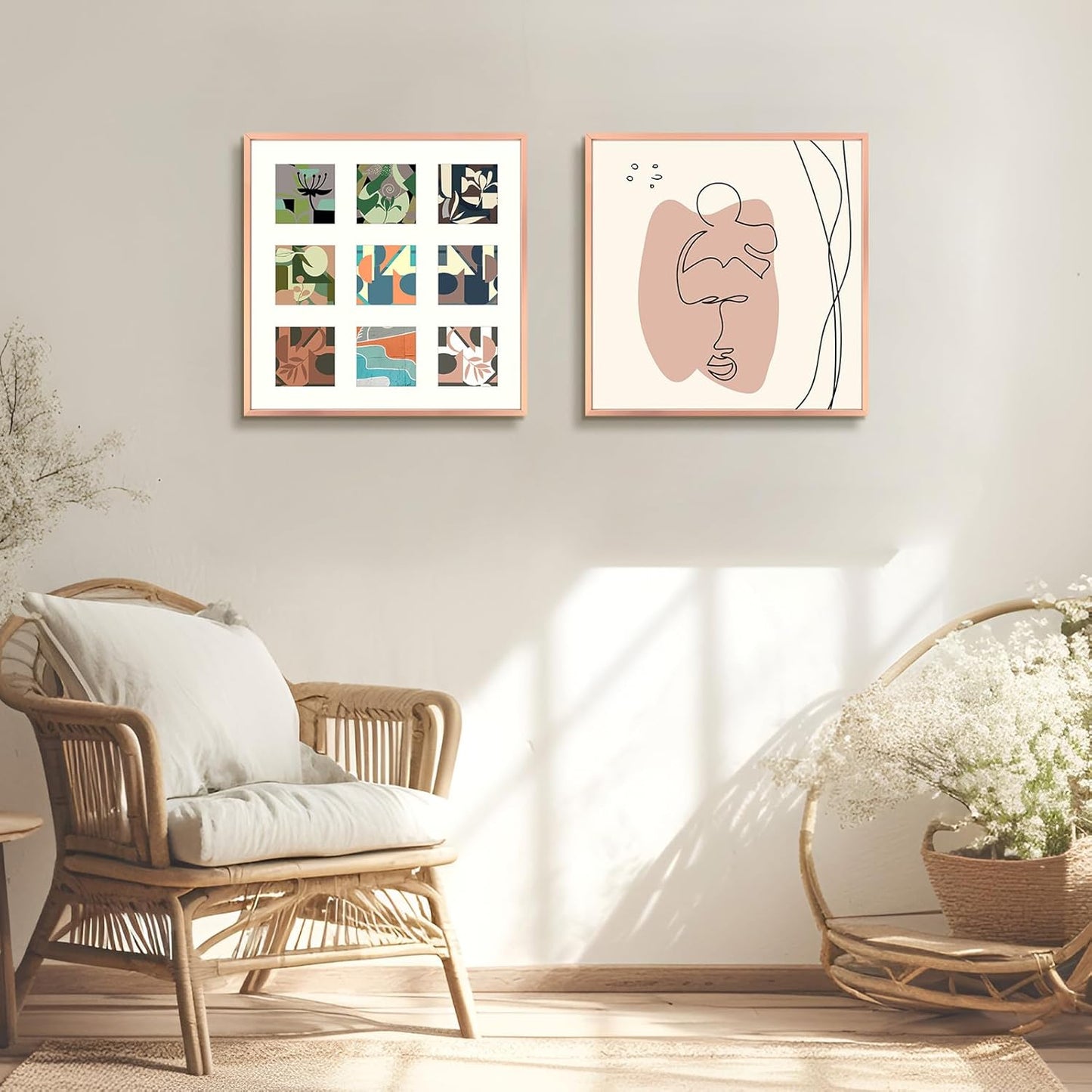 Frametory - 16x16 Aluminum Collage Picture Frame - Display 4x4 Pictures with 9 Openings Mat - Real Glass Front - Horizontal/Vertical Wall Mount - Rose Gold 1 Pack