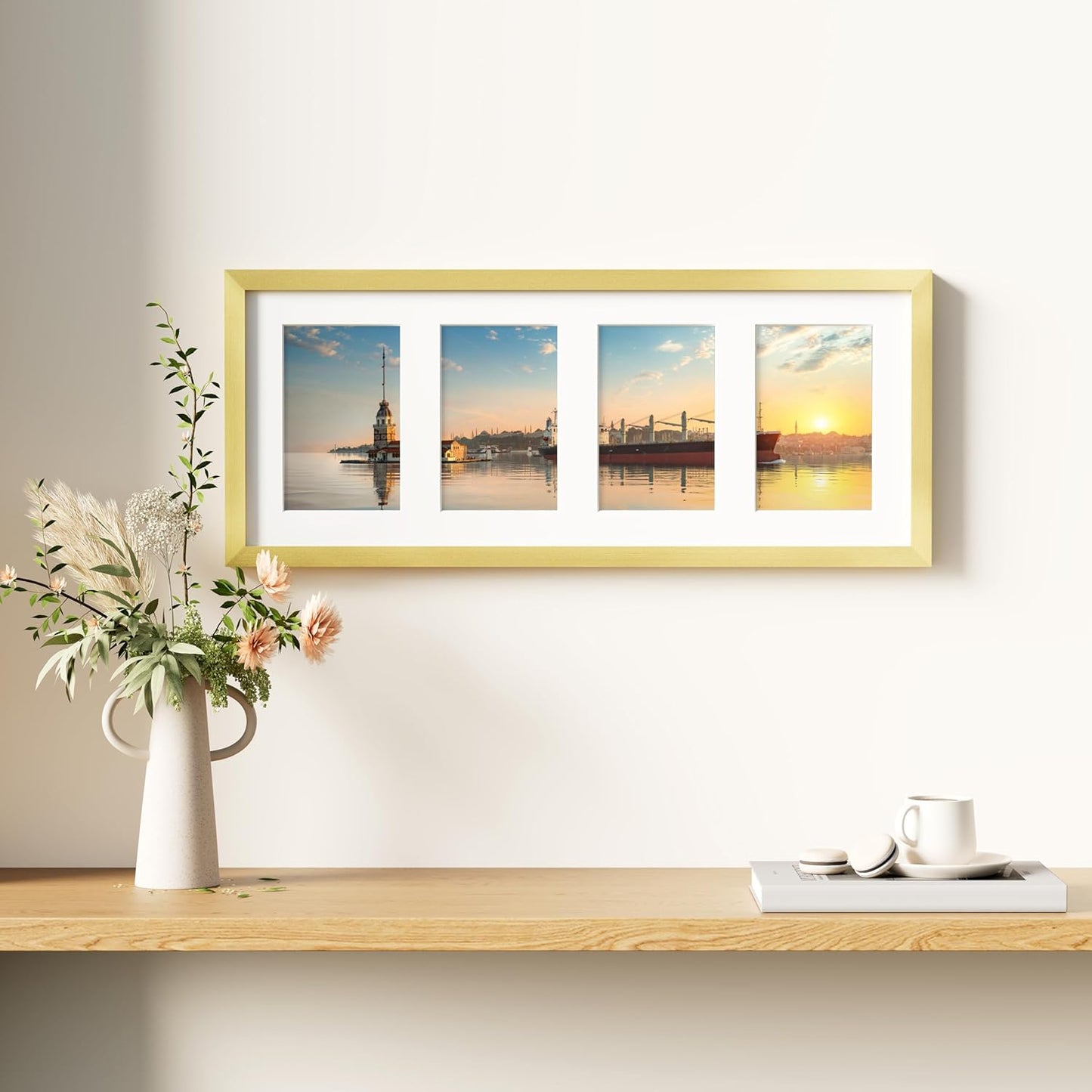 decorUhome 8x20 Picture Frames Collage Wall Decor, Display 4Pcs 4x6 Photos with Mat or 1Pcs 8x20 Unmatted, 4 4x6 Collage Picture Frames for Wall Mounting, Gold