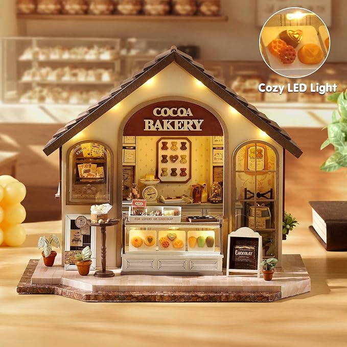 TuKIIE DIY Miniature House Kit with Furniture, 1:24 Scale Creative Room Mini Wooden Dollhouse Book Nook Plus Dust Proof & Music Movement for Kids Teens Adults(Leisurely Bakery)