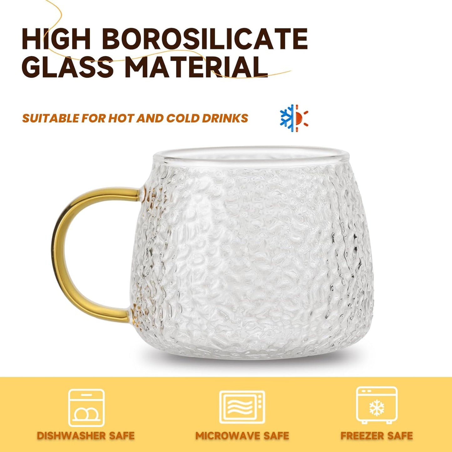 Glass Tea Cups with Colorful Handle Set of 4, Clear Borosilicate Glass Teacups with Hammer Pattern, Large Coffee Mugs for Espresso Cappuccino Latte Juice, 16OZ/480ML