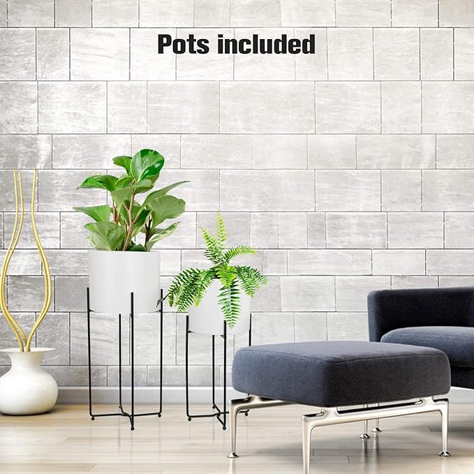 Sinolodo Mid Century Planter with Gold Plant Stand, 3 pcs Modern Planters for Indoor Plants, Metal Floor Planter Set with Foldable Stand(Pack of 3) (White Pot Black Stand, 9''+8''+7'')